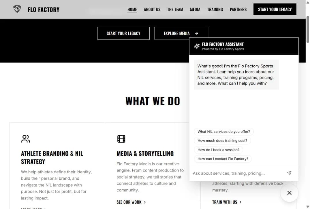 Flo Factory Sports homepage with bold navigation, a What We Do section, and the Flo Factory Assistant chat open