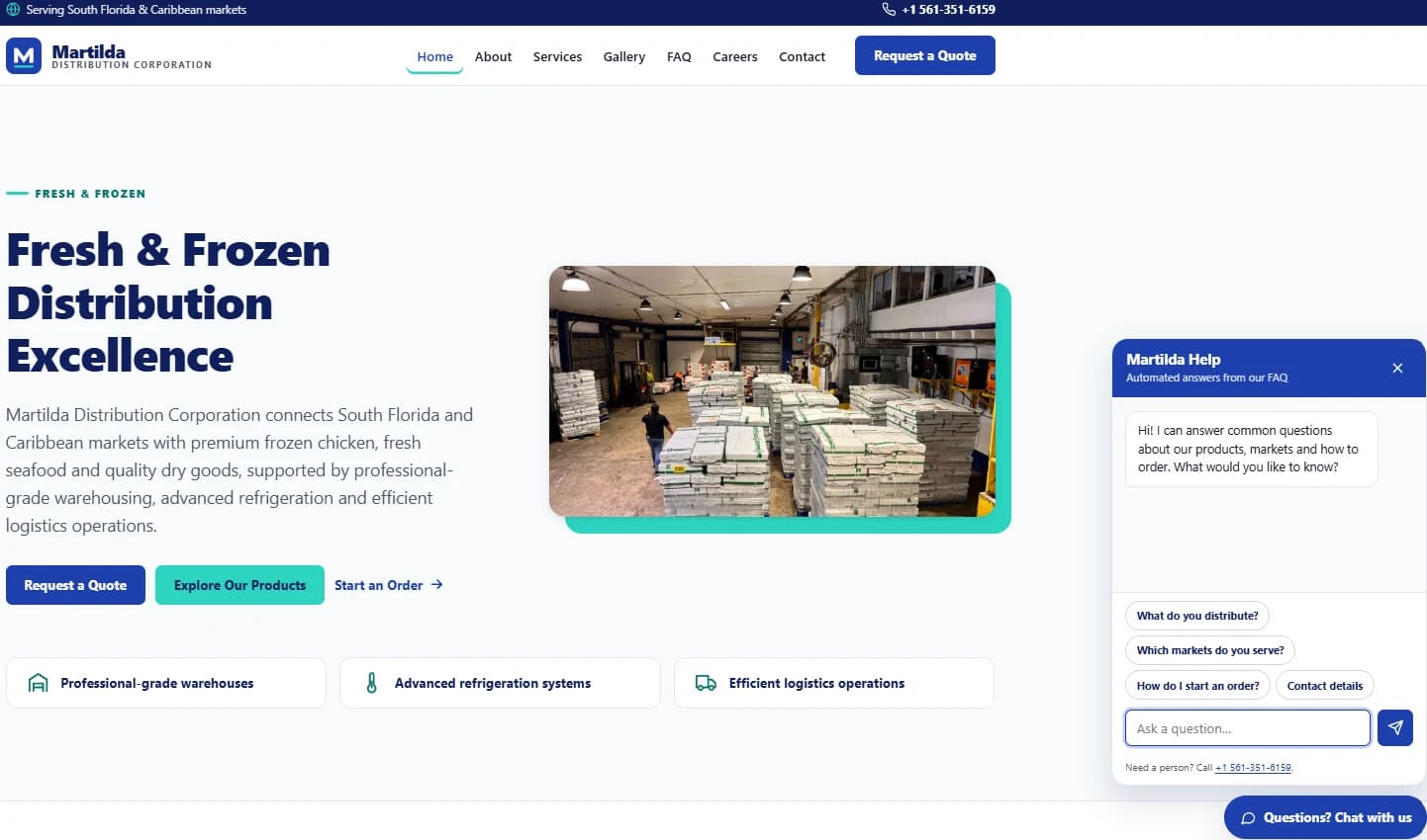 Martilda Distribution Corporation homepage with the headline "Fresh & Frozen Distribution Excellence" beside a warehouse photo